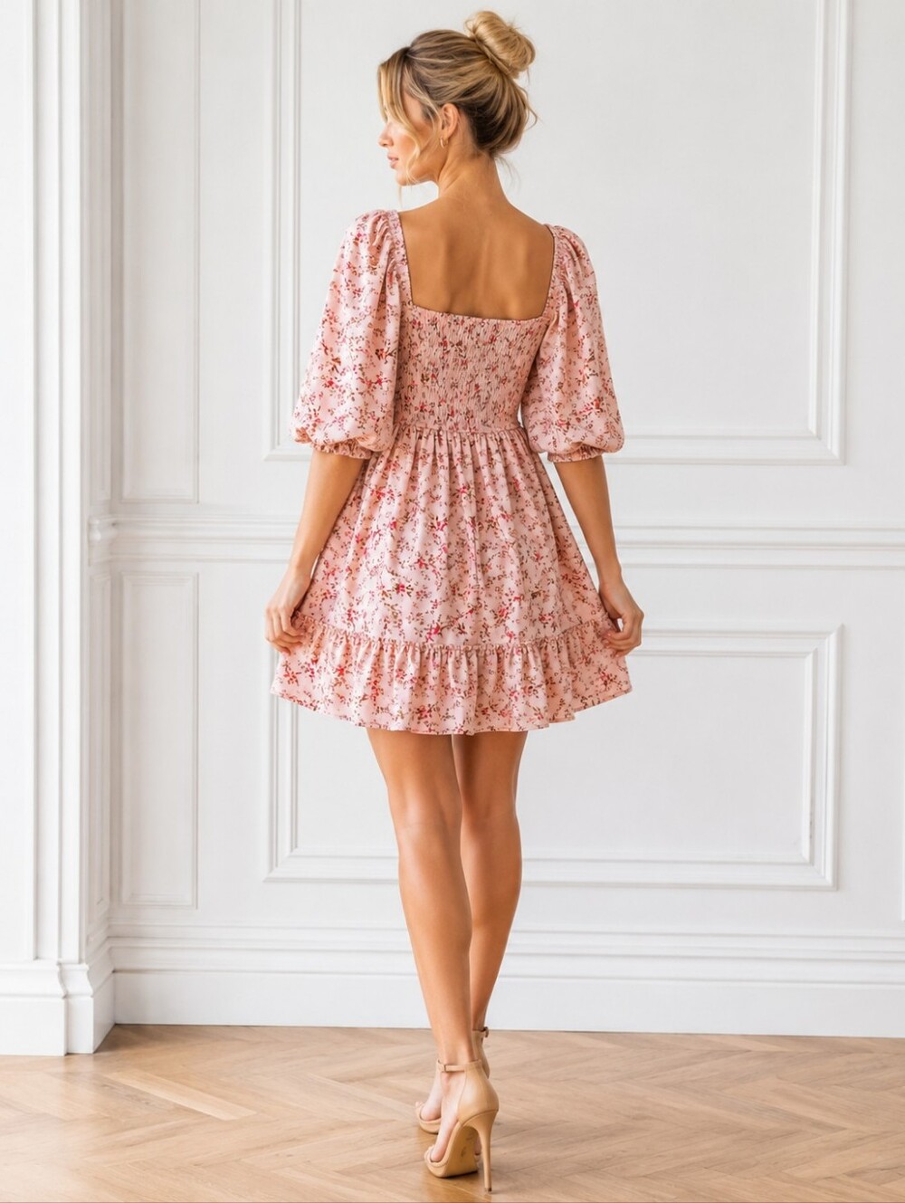 Inspired Hearts | Pink Floral Mini Dress Size Large | Puff Sleeve Babydoll Dress - Picture 2 of 8